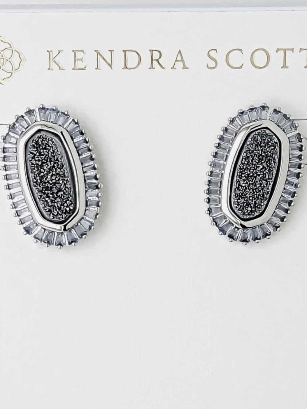 Kendra Scott Platinum Drusy Baguette Ellie Stud Earrings | NIB | Box & Pouch